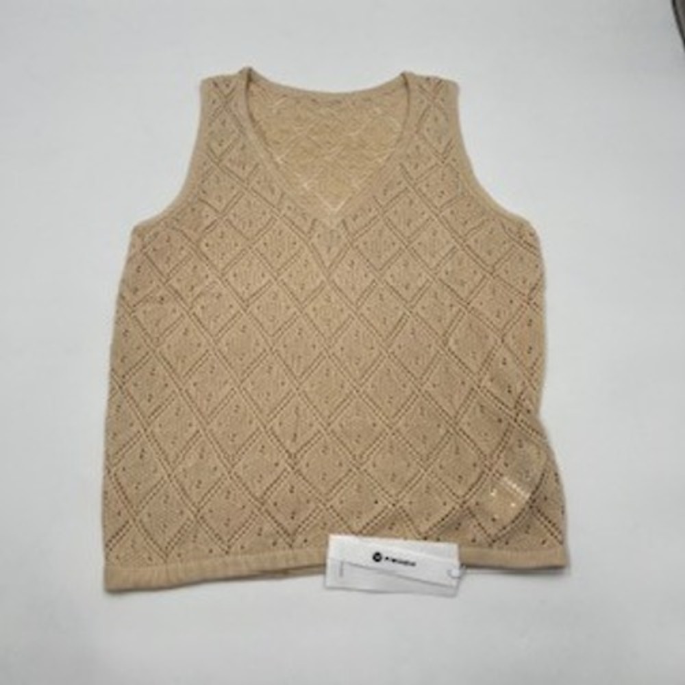 FISOEW Women Khaki Pointelle Knit V-Neck Sweater Vest Diamond Open Weave Size M - Picture 4 of 8